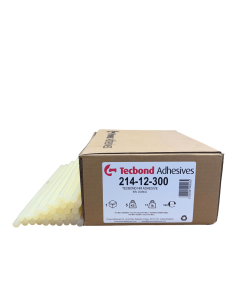 A box of Tecbond 214 packaging glue sticks with a handful of sticks on show. The label displays the box's weight (5 kilograms), the product code (214-12-300), and tecbond adhesives branding. 